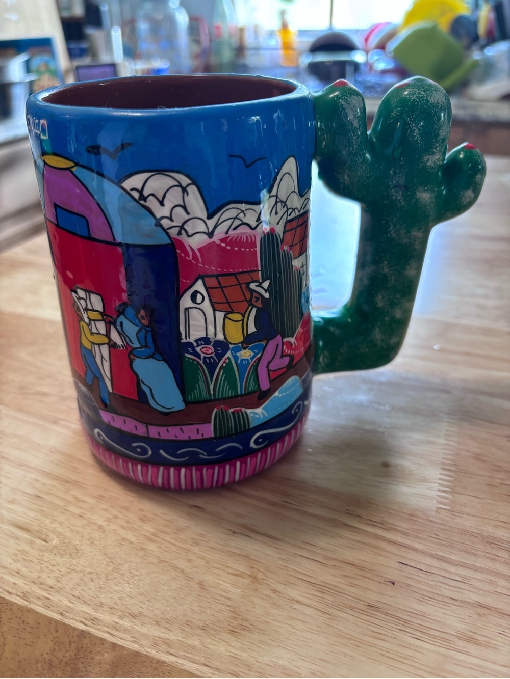 Authentic Mexican Folk Art Colorful Hand-Painted Ceramic Mug with Cactus Handle